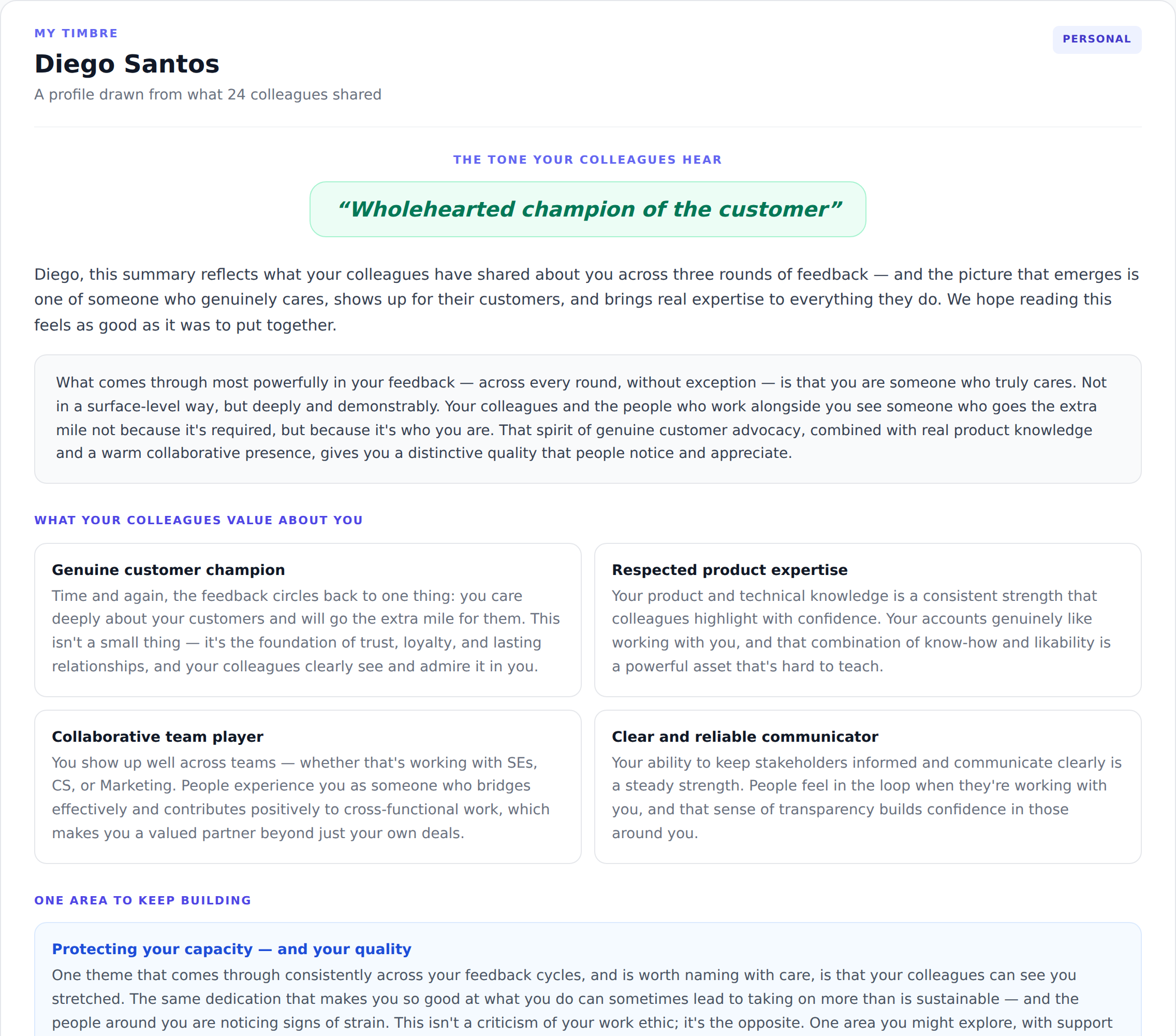 A My Timbre profile in the product: the tone colleagues hear, a narrative summary, and four strengths drawn from anonymous feedback
